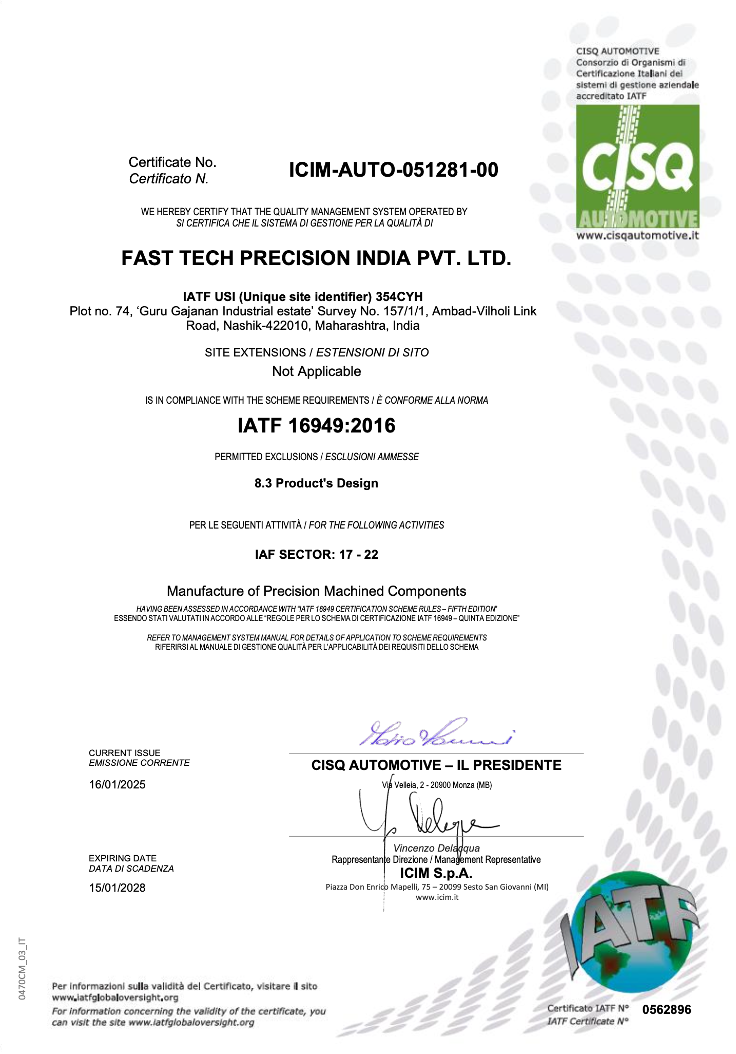 IATF 16949 Certificate - Fasttech Precision India